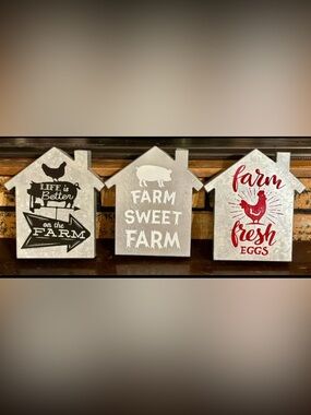 FARMHOUSE DECOR • Set of 3 Hanging Metal Signs • Red/White/Black